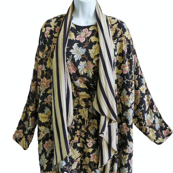 Vintage 3pc Pant Suit Set Fall Leaf Design Pockets Striped Waterfall Jacket - Picture 10 of 13